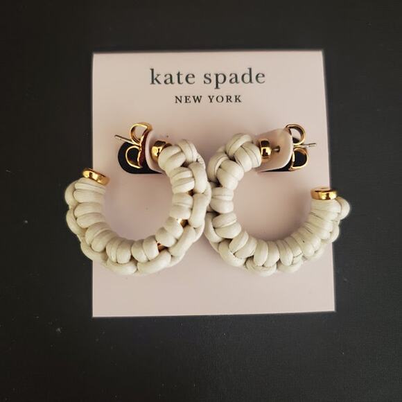Kate Spade Gold Tone White Leather Wrapped C Hoop Earrings Medium New With Tags - Picture 1 of 10